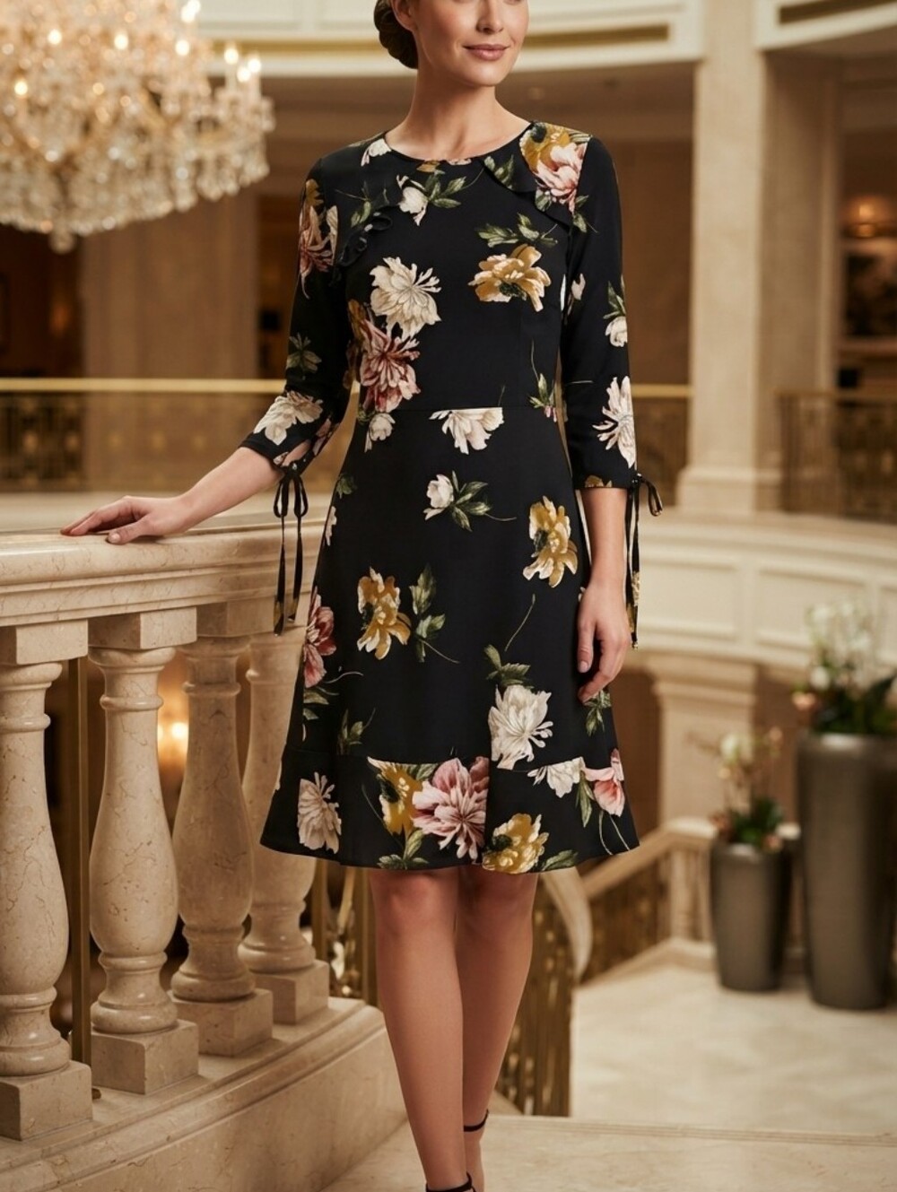 DEX Floral Midi Dress Ruffle Collar Tie Sleeve Cottagecore Size S